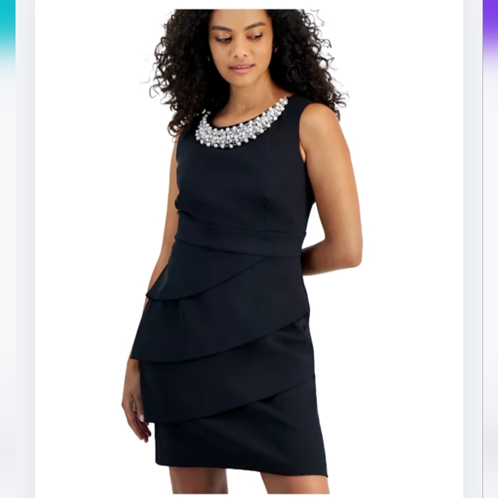 Connected Apparel Macy's Size 14 Black Dress Pearl-Neck Sleeveless Sheath LBD
